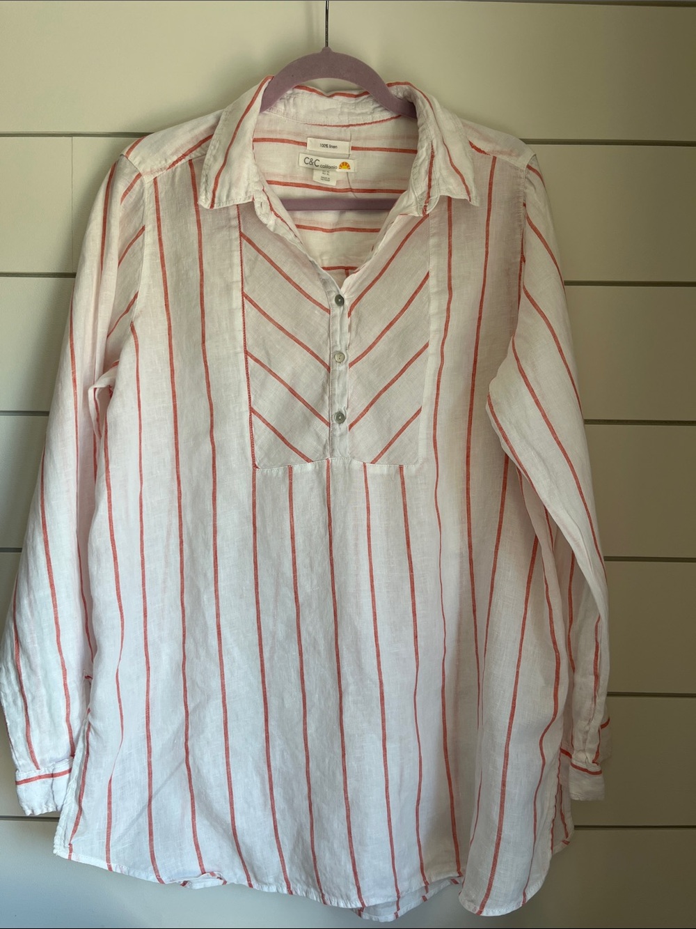 C&C California White Linen Top with Red Stripes Size XL
